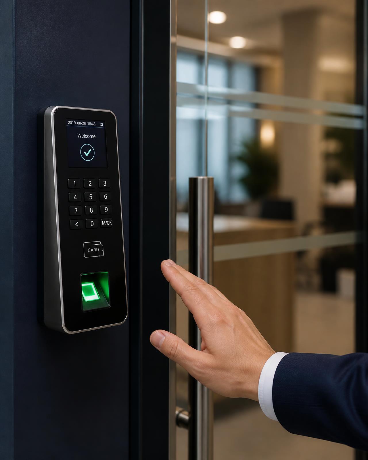 Biometric access control reader beside a glass office door