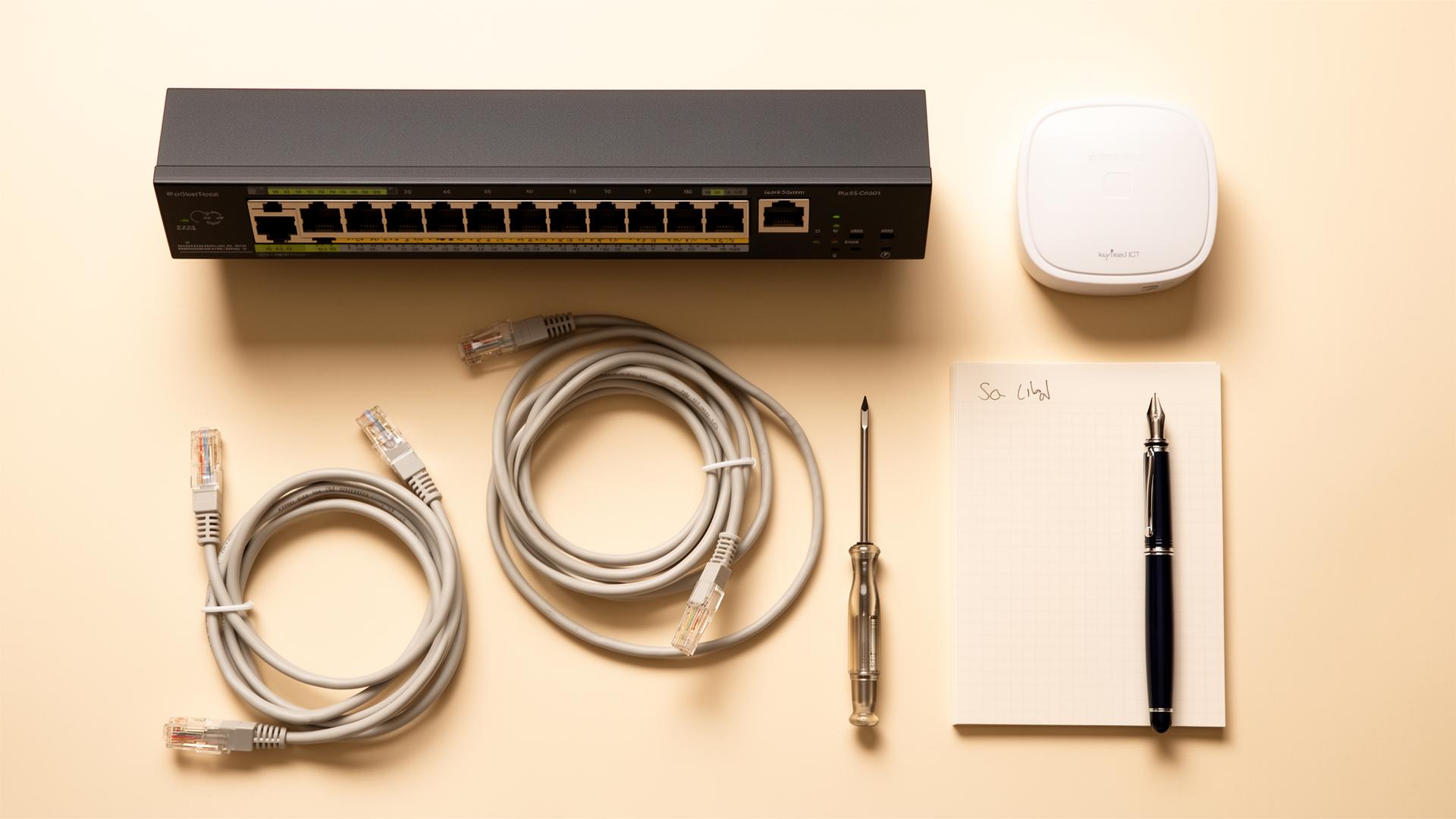 Editorial still life of an enterprise switch and fibre patch panel