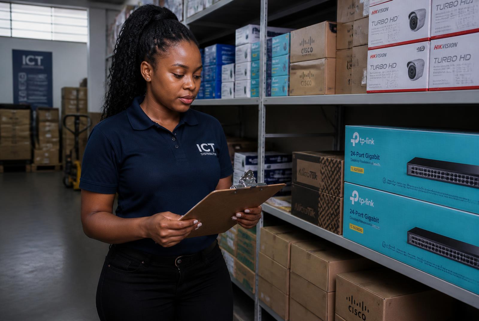CKPK team member checking boxed network switches and cameras in the warehouse